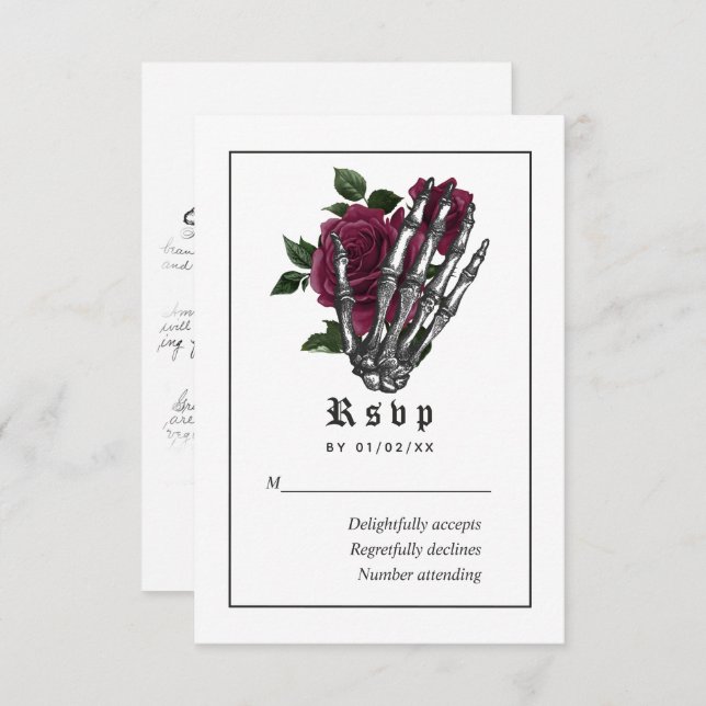 Burgundy Floral Gothic Skeleton Wedding RSVP Karte (Vorne/Hinten)