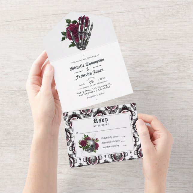 Burgundy Floral Gothic Wedding All In One Einladung (Abreißen)