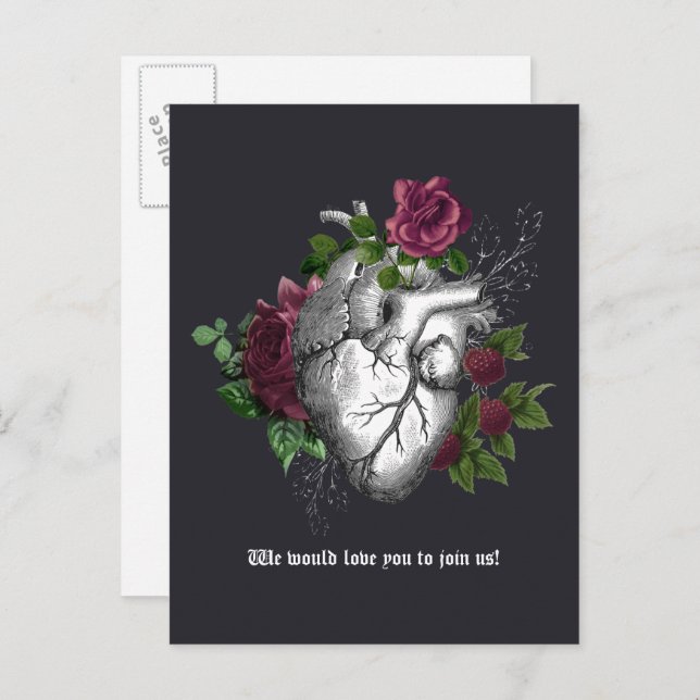 Burgundy Floral Gothic Wedding Erinnerung Postkarte (Vorne/Hinten)