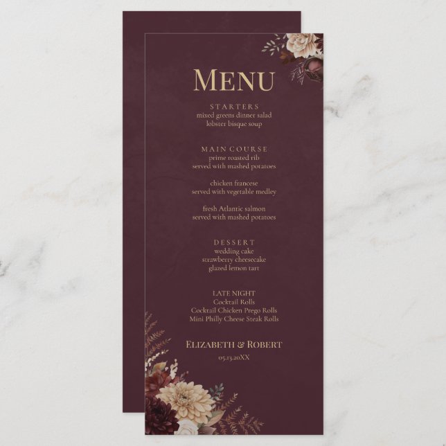 Burgundy Floral Gothic Wedding Menu Menükarte (Vorne/Hinten)