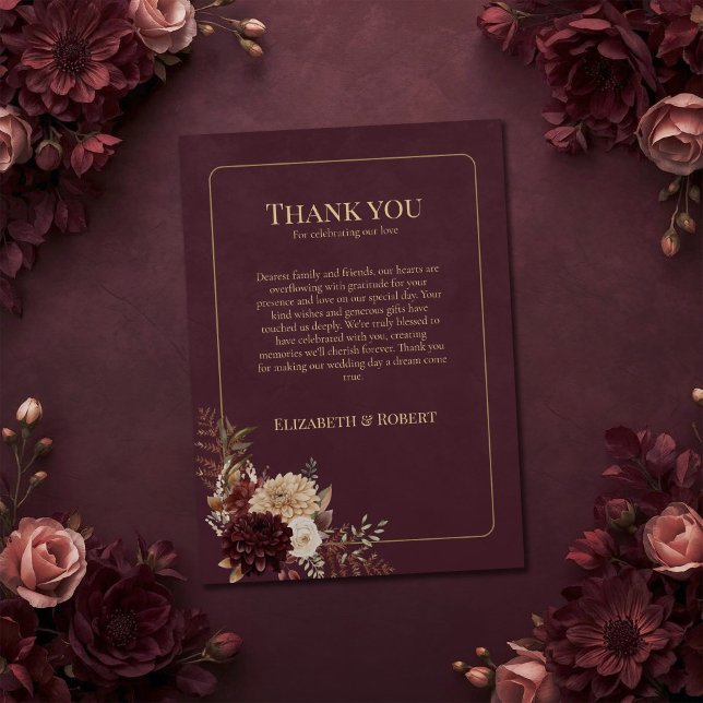 Burgundy Floral Gothic Wedding Thank You Card Dankeskarte (Burgundy Floral Gothic Wedding Thank You Card on a burgundy witchy wedding table with flowers)
