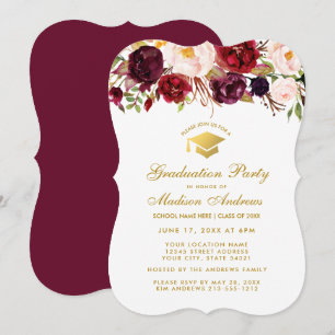 Burgundy Floral Graduation Party Gold Einladung BG