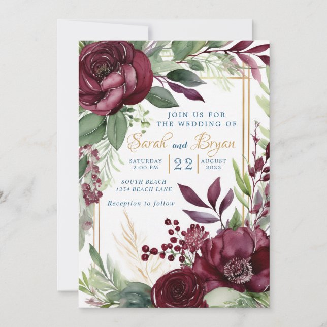Burgundy Floral Greenery Boho Wedding Einladung (Vorderseite)