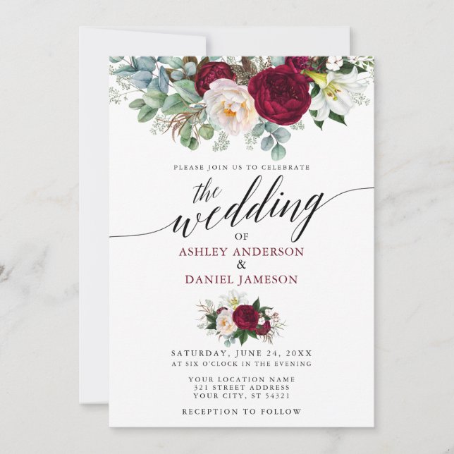Burgundy Floral Greenery Calligraphy Wedding W Einladung (Vorderseite)
