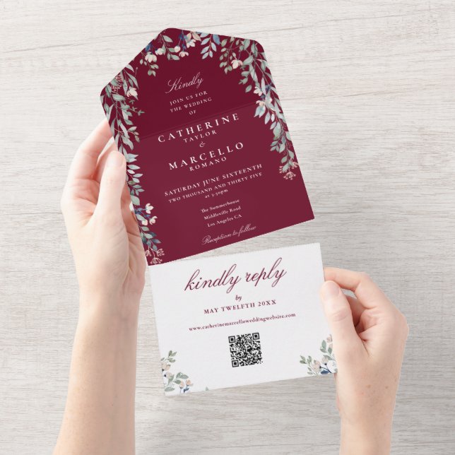 Burgundy Floral Greenery QR Code Wedding All In One Einladung (Abreißen)