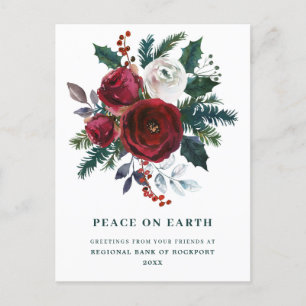 Burgundy Floral Holly Corporate Christmas Postkarte