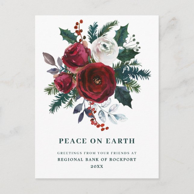 Burgundy Floral Holly Corporate Christmas Postkarte (Vorderseite)