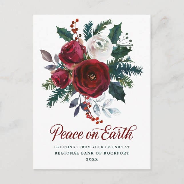 Burgundy Floral Holly Corporate Christmas Postkarte (Vorderseite)