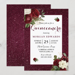 Burgundy Floral Imitats Metallic Quinceanera Einla Einladung