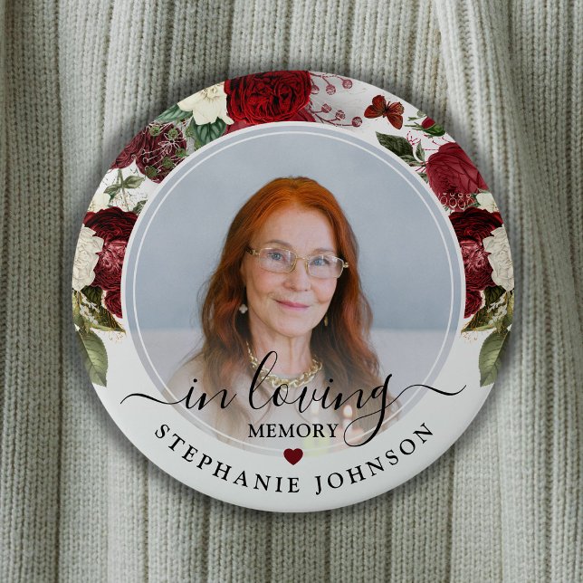 Burgundy Floral in Love Memory Foto Memorial Button (Von Creator hochgeladen)