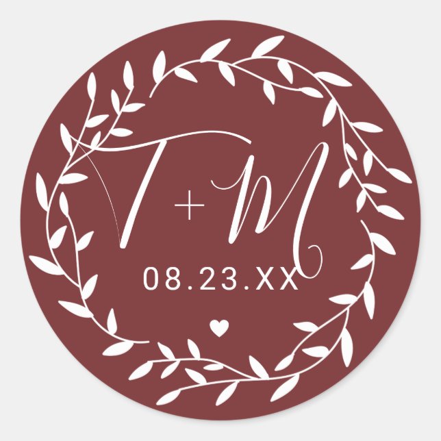 Burgundy Floral Initials Wedding Save the Date Runder Aufkleber (Vorderseite)