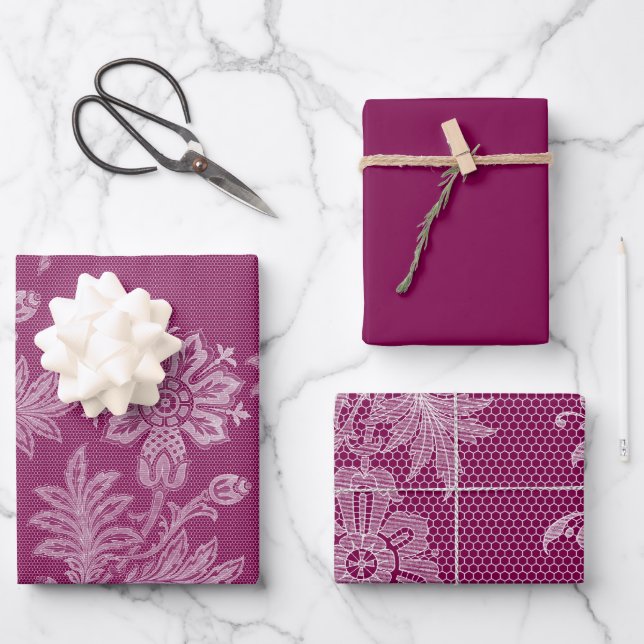 Burgundy Floral Lace Brautparty Geschenkpapier Set (Vorderseite)