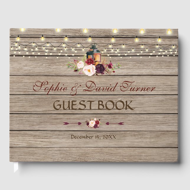 Burgundy Floral Lantern String Lights Hochzeit Gästebuch (Vorderseite)