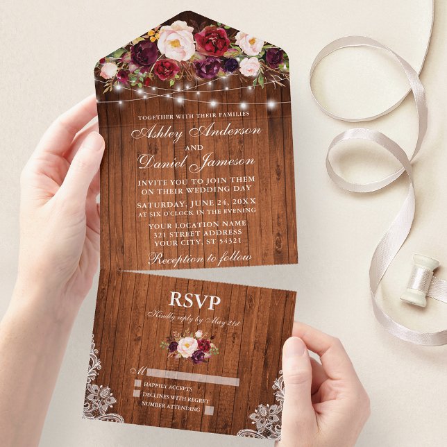 Burgundy Floral Lights Lace Rustic Wood Wedding All In One Einladung (All In One Wedding Invitation with tear off RSVP Card)