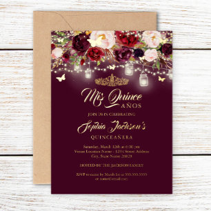Burgundy Floral Lights Quinceanera Einladung