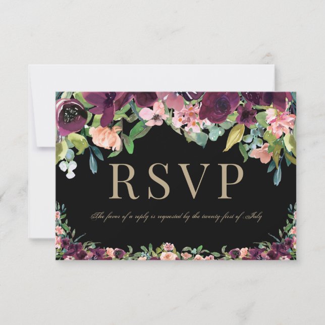 Burgundy Floral Marsala Black Wedding RSVP Karte (Vorderseite)