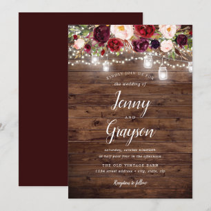 Burgundy Floral Mason Jar Lights Wood Wedding Einladung