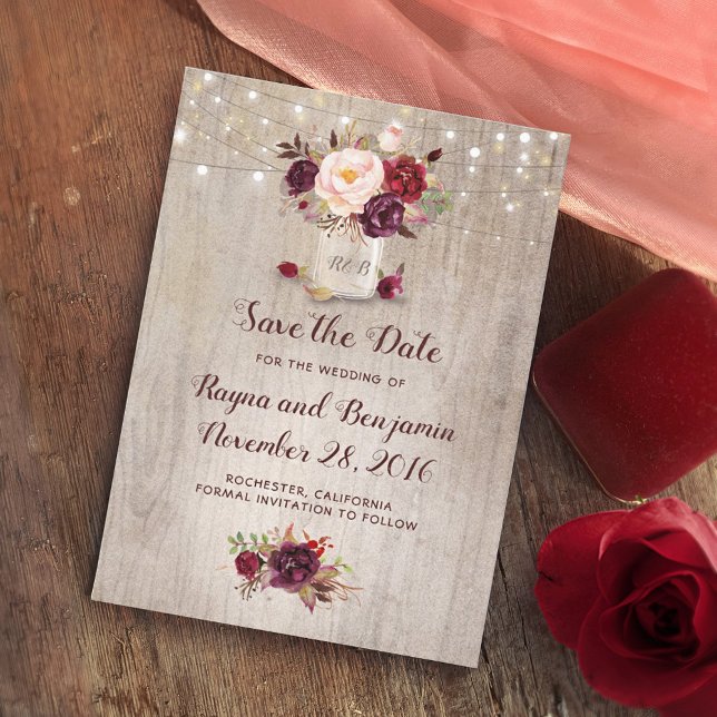 Burgundy Floral Mason Jar Rustic Save the Date (Von Creator hochgeladen)