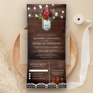 Burgundy Floral Mason Jar String Lights Hochzeit Dreifach Gefaltete Einladung