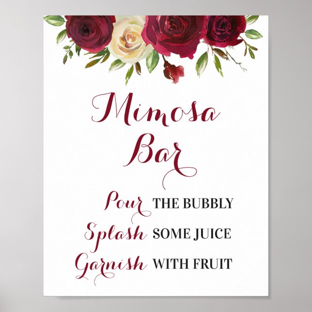 Burgundy Floral Mimosa Bar Wedding Brautparty Poster (Vorne)