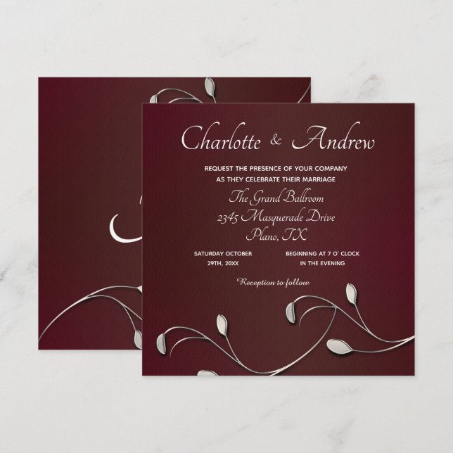 Burgundy Floral Mit Monogramm Wedding Einladung (Vorne/Hinten)