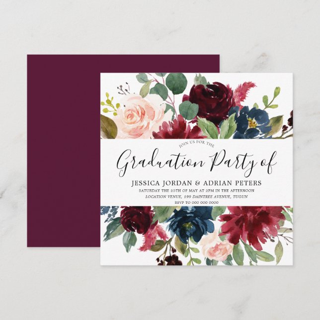 Burgundy Floral Modern Graduation Party Einladung (Vorne/Hinten)