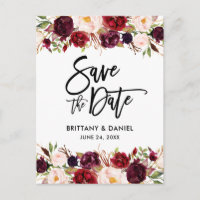 Burgundy Floral Modern Pinselschrift Save the Date