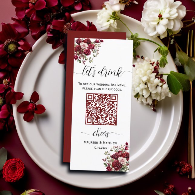 Burgundy Floral Modern QR Code Wedding Bar Menu Menükarte (Von Creator hochgeladen)