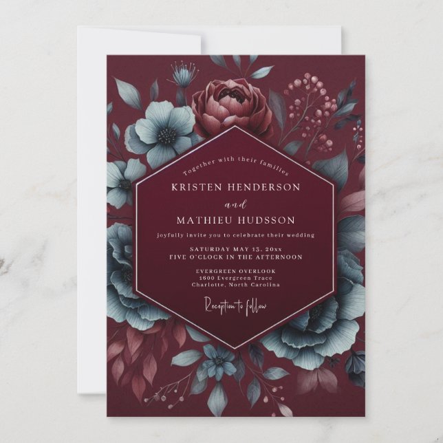 Burgundy Floral Mood Wedding Einladung (Vorderseite)
