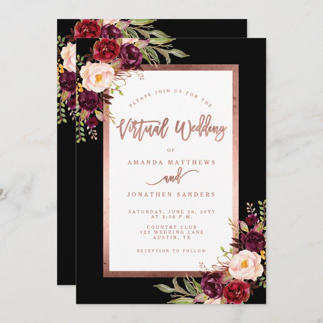Burgundy Floral Moody Rose Gold Virtual Wedding Einladung (Vorne/Hinten)