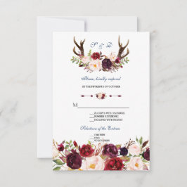 Burgundy Floral Navy Blue Antlers Wedding RSVP Karte