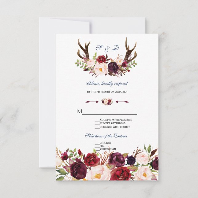 Burgundy Floral Navy Blue Antlers Wedding RSVP Karte (Vorderseite)