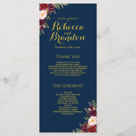 Burgundy Floral Navy Blue Gold Custom Wedding Programm
