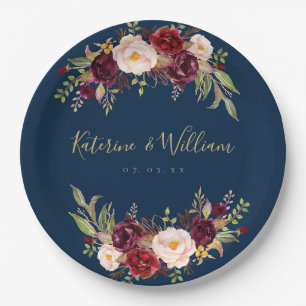 Burgundy Floral Navy Blue Gold Hochzeit Verlobung Pappteller