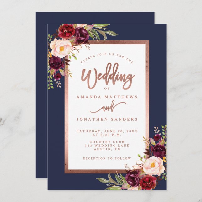 Burgundy Floral Navy Blue Rose Gold Script Wedding Einladung (Vorne/Hinten)