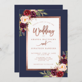 Burgundy Floral Navy Blue Rose Gold Script Wedding Einladung