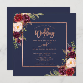 Burgundy Floral Navy Blue Rose Gold Script Wedding Einladung