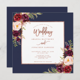 Burgundy Floral Navy Blue Rose Gold Script Wedding Einladung