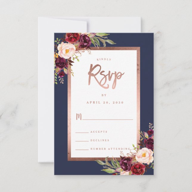 Burgundy Floral Navy Blue Rose Gold Script Wedding RSVP Karte (Vorderseite)