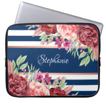 Burgundy Floral Navy Blue Stripes Personalisiert
