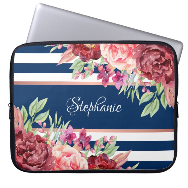 Burgundy Floral Navy Blue Stripes Personalisiert Laptopschutzhülle (Vorderseite)
