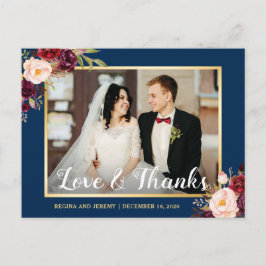 Burgundy Floral Navy Blue Wedding Foto Vielen Dank Postkarte