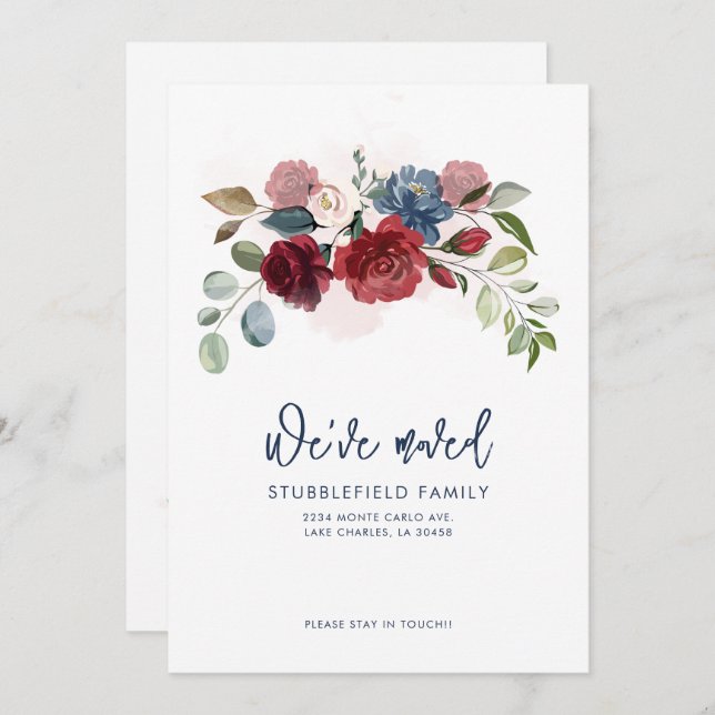 Burgundy Floral New Address Moving Ankündigung (Vorne/Hinten)