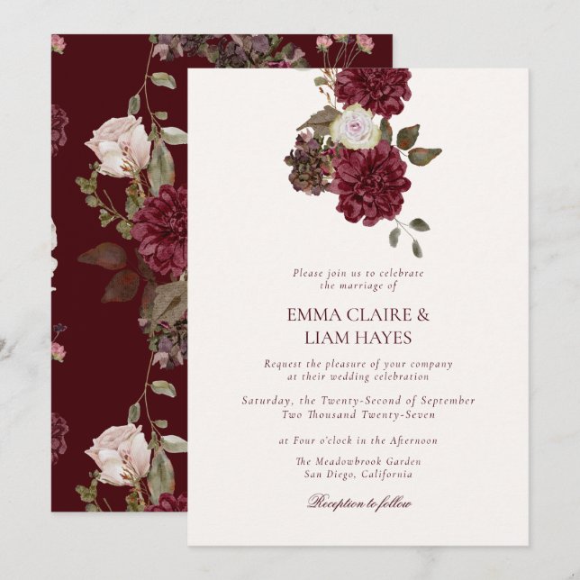 Burgundy Floral Old Money Wedding Invitation Einladung (Vorne/Hinten)