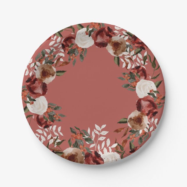 Burgundy Floral Paper Plate Pappteller (Vorderseite)