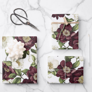 Burgundy Floral Pattern Geschenkpapier Set