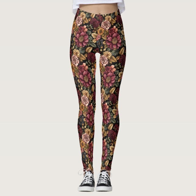 Burgundy Floral Pattern Leggings (Vorderseite)