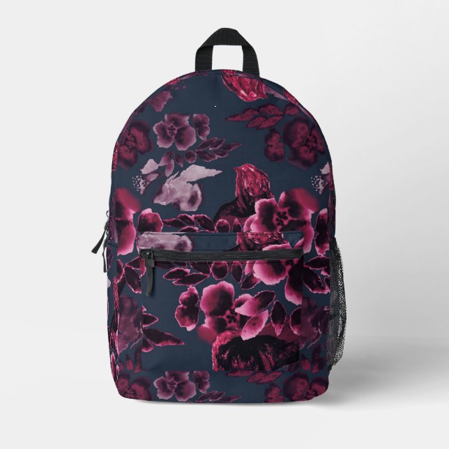 Burgundy Floral Pattern Navy Blue Bedruckter Rucksack (Vorderseite)