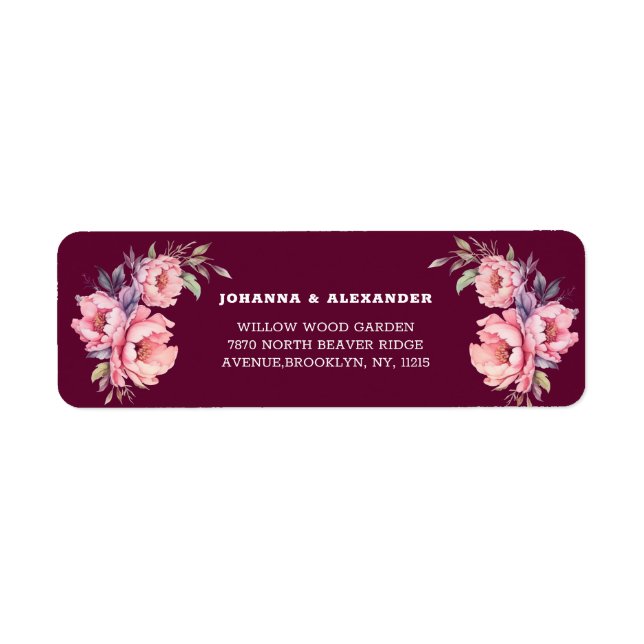 Burgundy Floral Peony Wedding Return Address Label (Vorne)