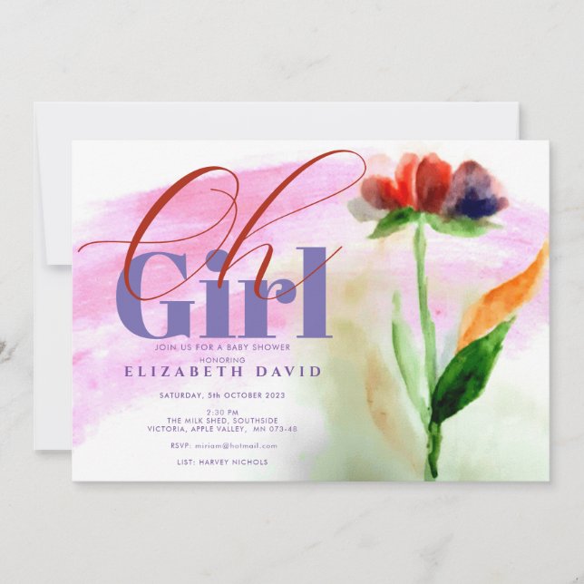 Burgundy Floral Pink Abstrakt Baby Girl Dusche Einladung (Vorderseite)